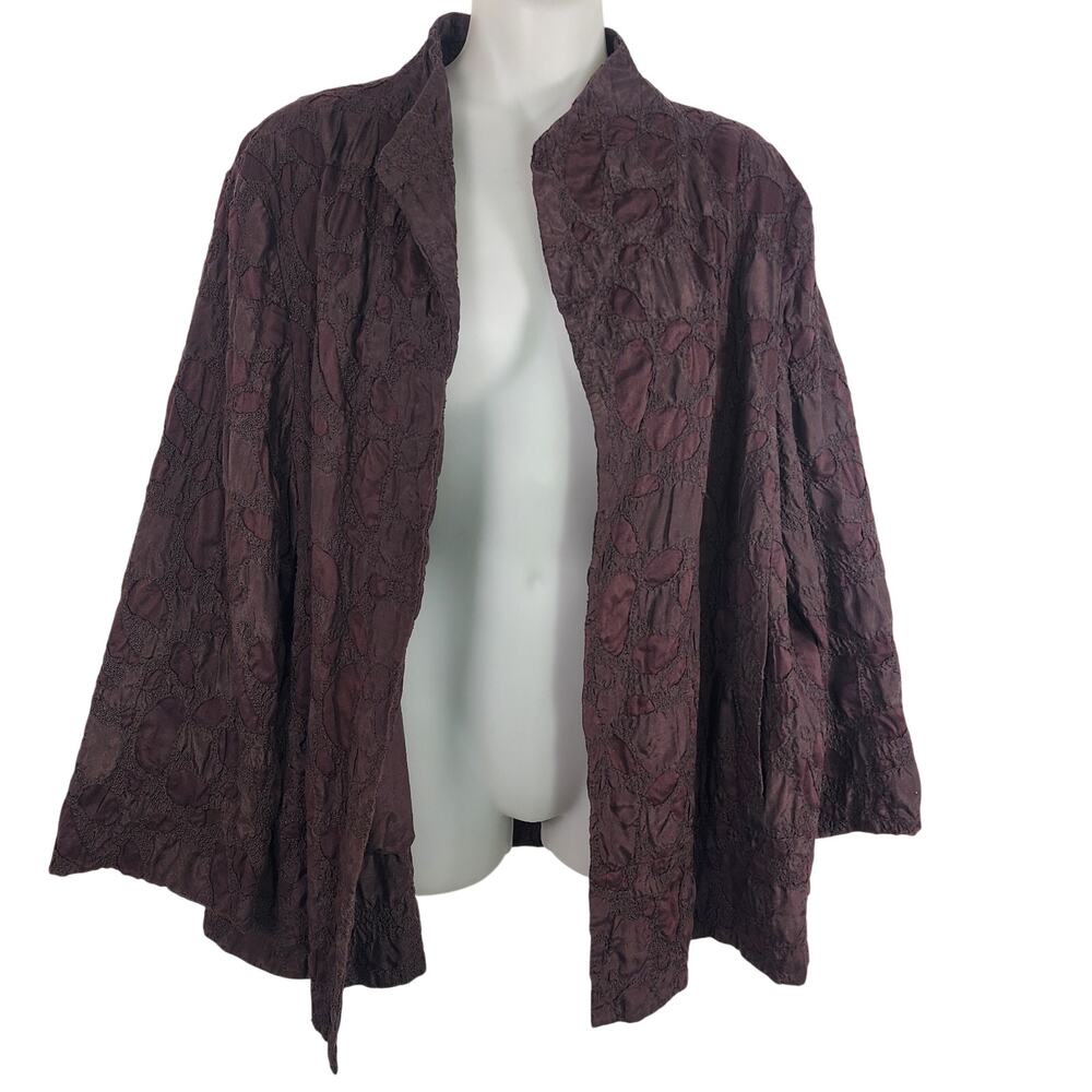 Eileen Fisher Womens Silk Jacket Large Brown Cutout Open Embroidered Lagenlook